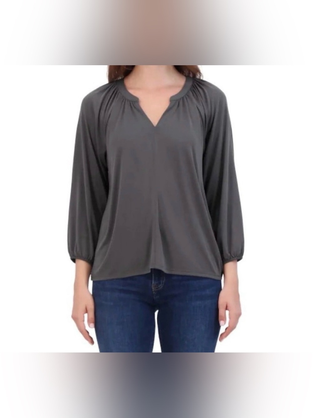 Lucky Brand Charcoal Gray Split Neck 3/4 Sleeve Top Size L